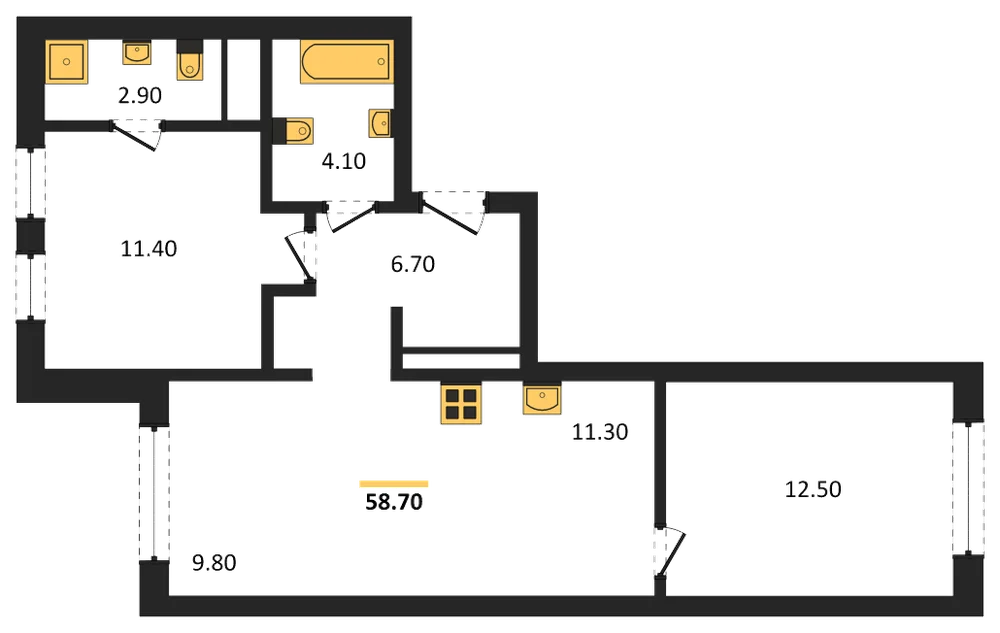 Планировка: 2-комн., 58,7 м²