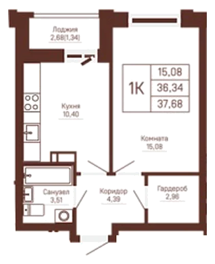 Планировка: 1-комн., 37,7 м²