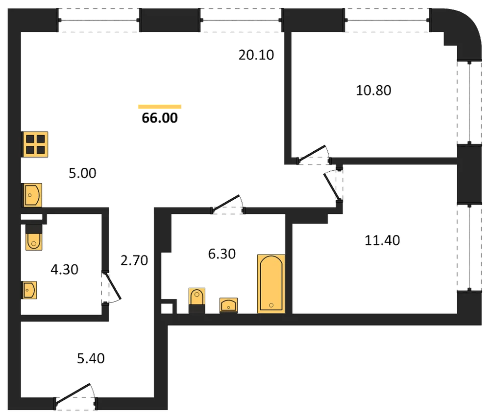 Планировка: 3-комн., 66 м²