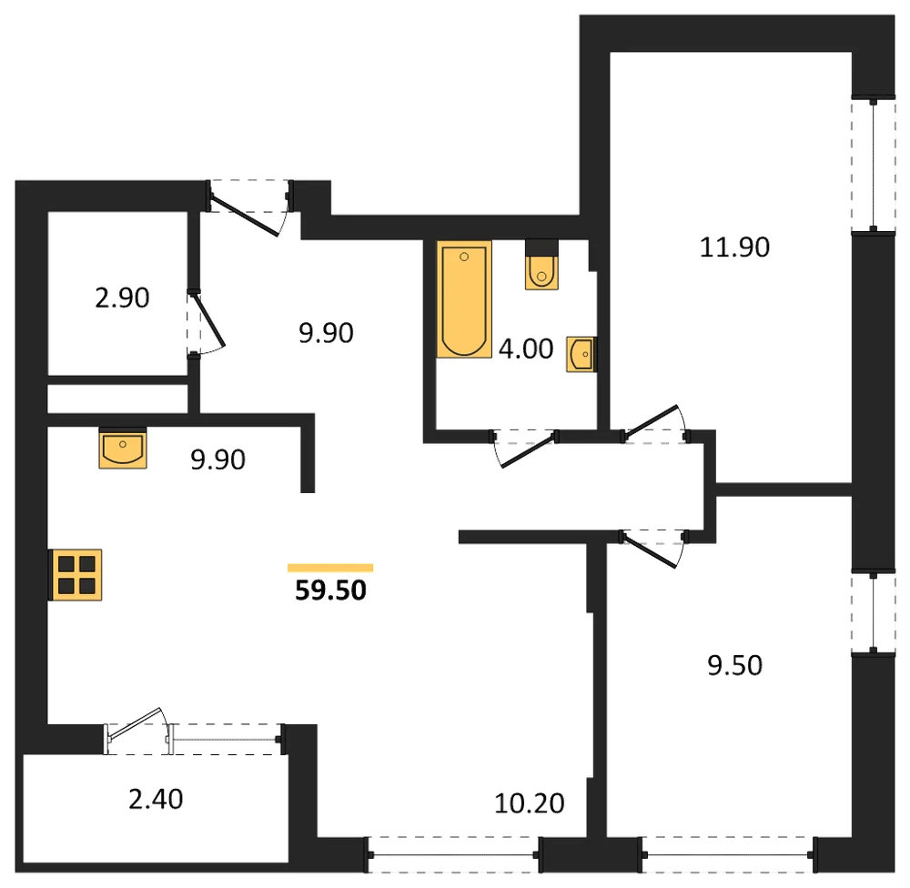 Планировка: 2-комн., 59,5 м²