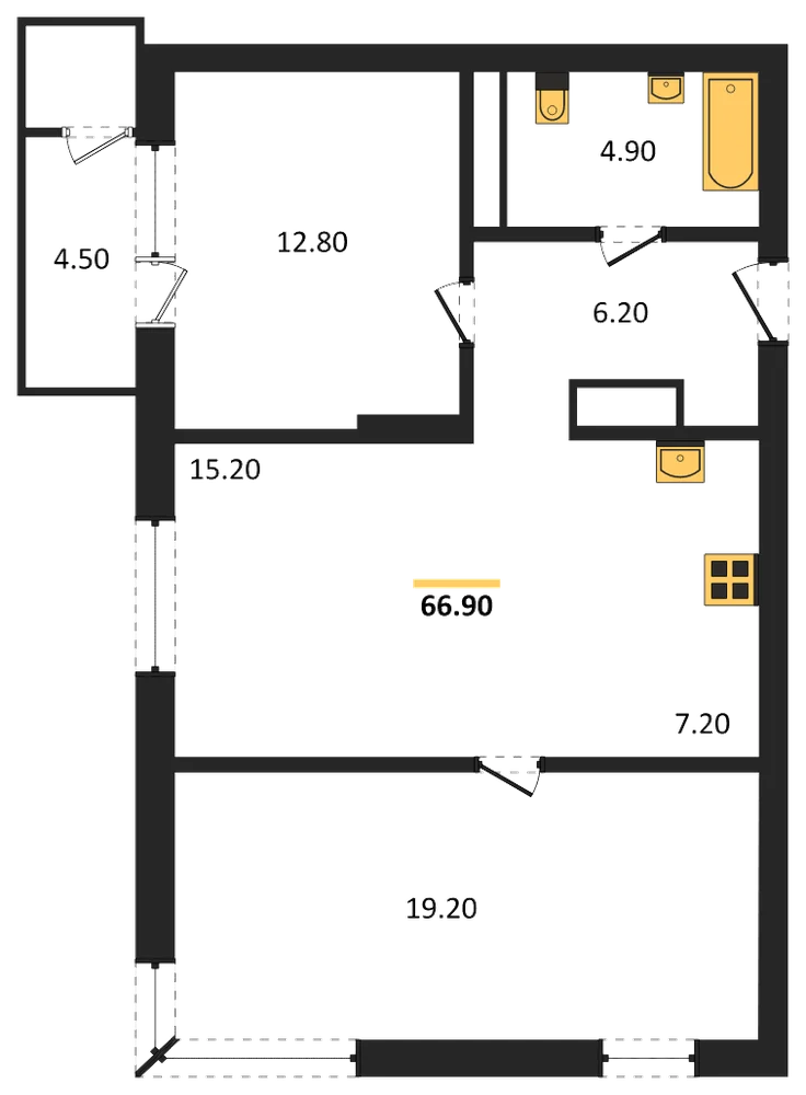 Планировка: 2-комн., 66,9 м²