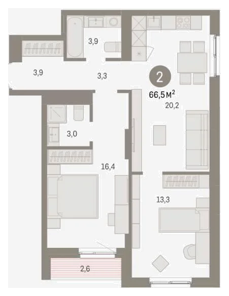 Планировка: 2-комн., 66,5 м²