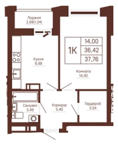 Планировка: 1-комн., 37,8 м²
