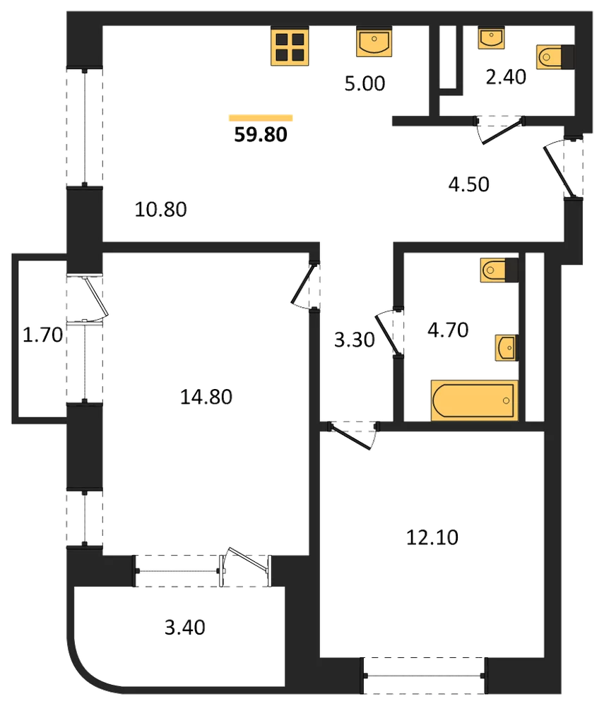 Планировка: 3-комн., 59,8 м²