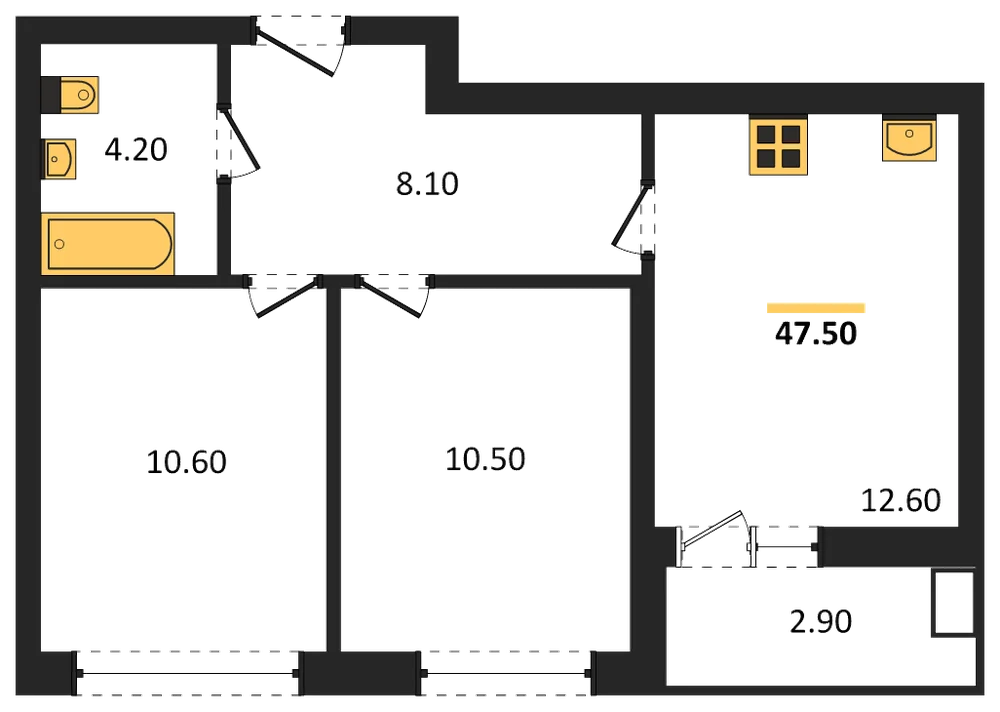 Планировка: 2-комн., 47,5 м²