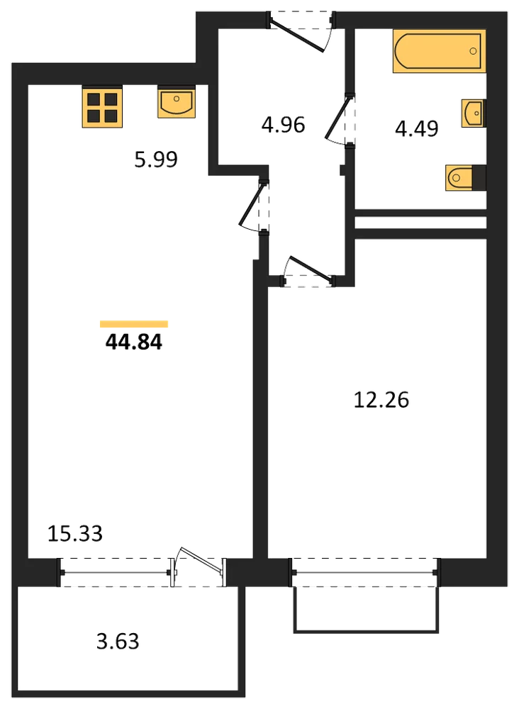 Планировка: 1-комн., 44,8 м²