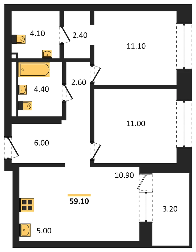 Планировка: 2-комн., 59,1 м²