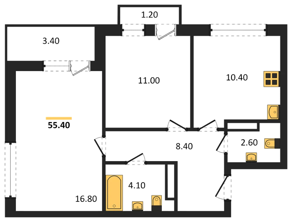 Планировка: 2-комн., 54,9 м²