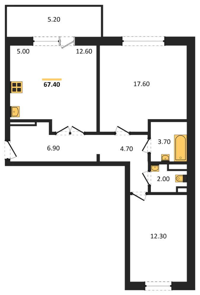 Планировка: 2-комн., 67,4 м²