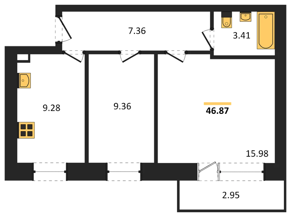 Планировка: 2-комн., 46,9 м²