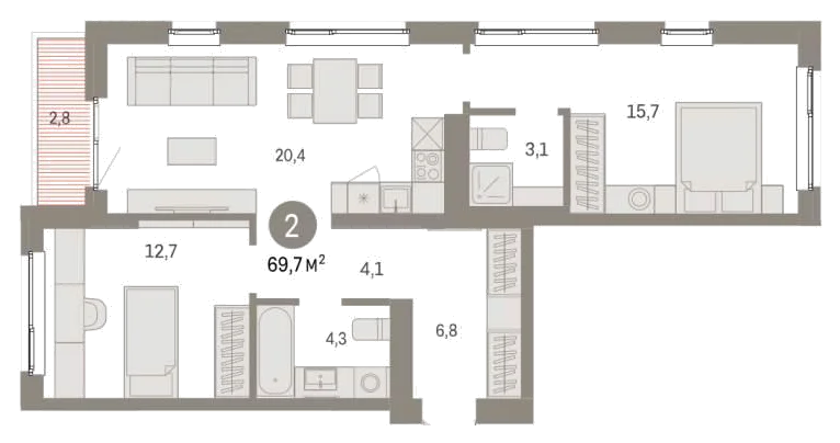 Планировка: 2-комн., 69,7 м²