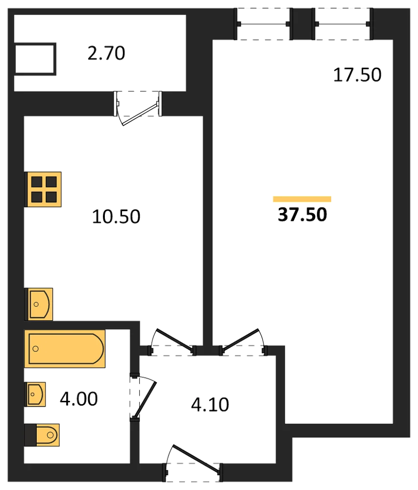 Планировка: 1-комн., 37,5 м²