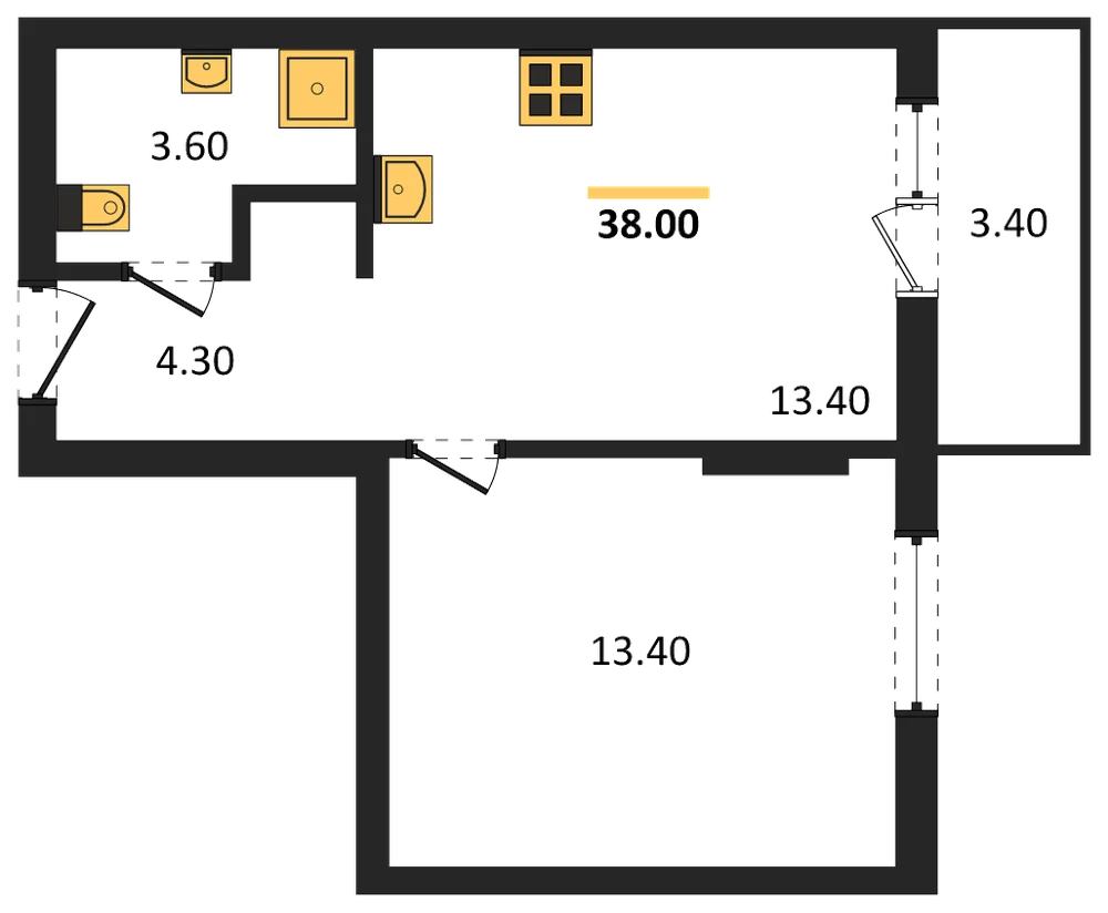Планировка: 1-комн., 38 м²