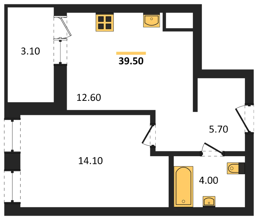 Планировка: 1-комн., 38 м²