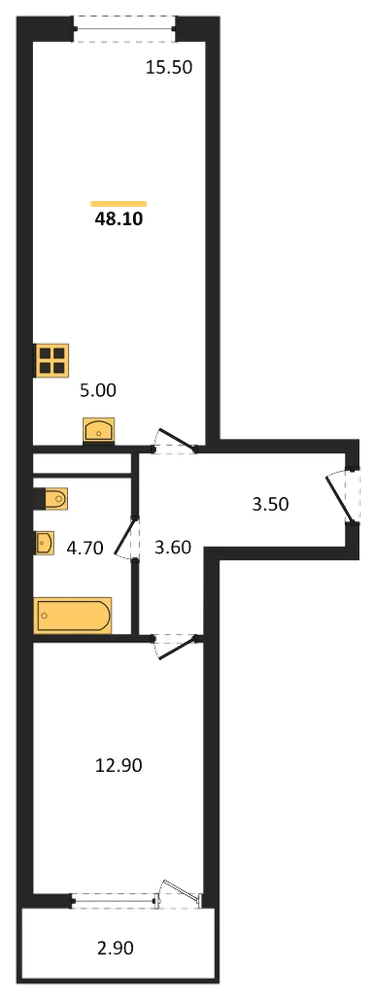 Планировка: 1-комн., 48,1 м²