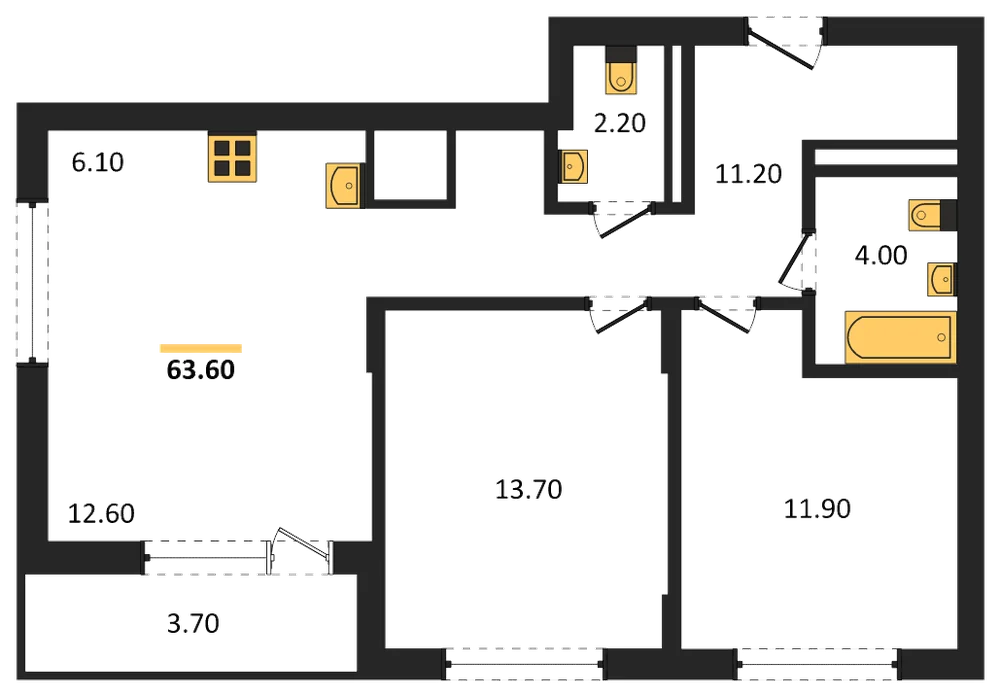Планировка: 2-комн., 63,6 м²