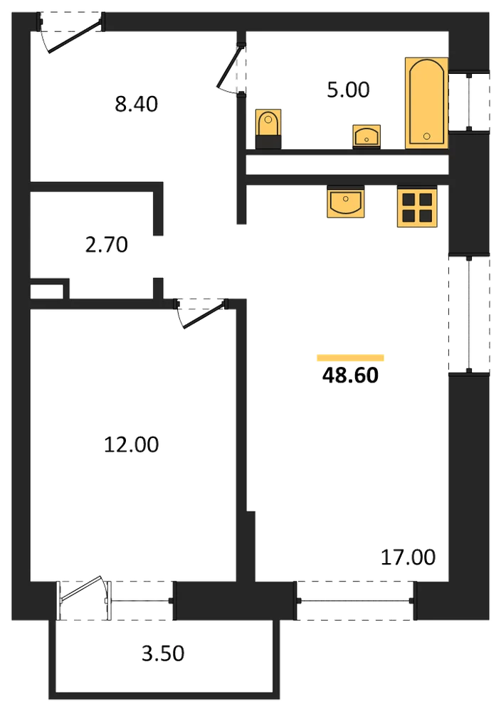 Планировка: 1-комн., 46,2 м²