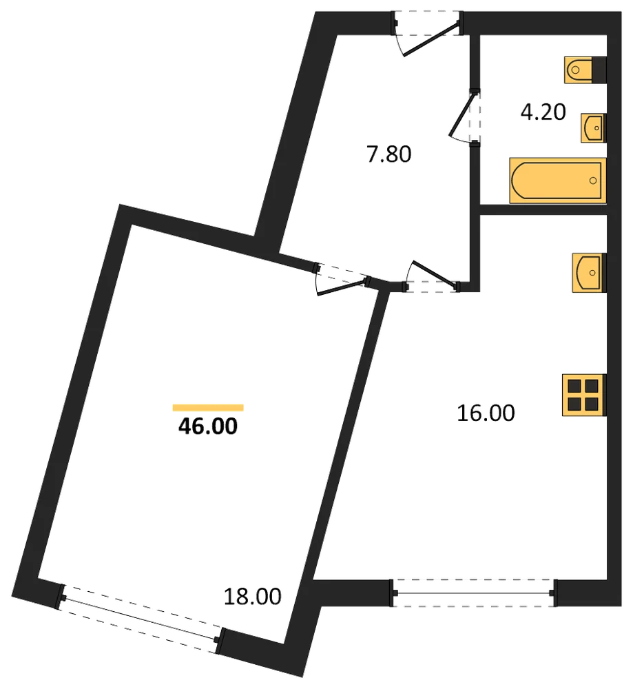 Планировка: 1-комн., 46 м²