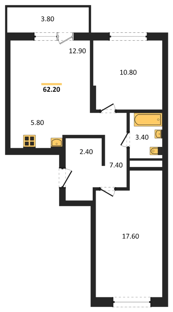 Планировка: 2-комн., 62,2 м²