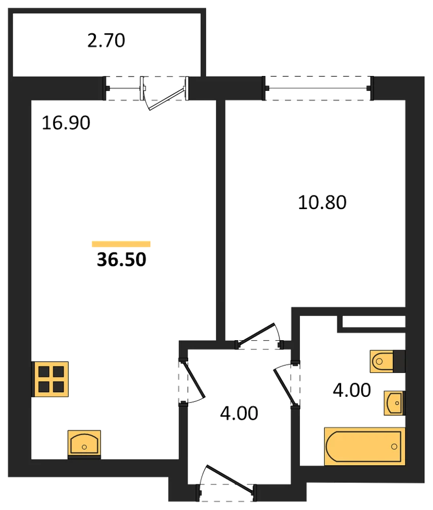 Планировка: 1-комн., 36,5 м²