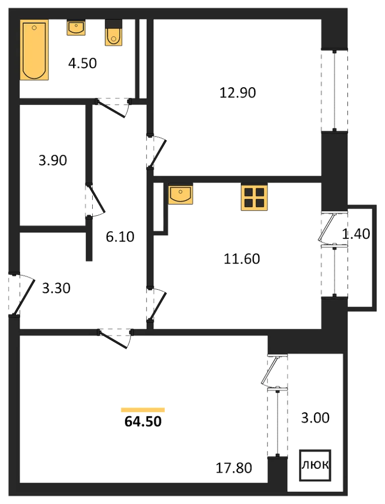 Планировка: 2-комн., 64,5 м²