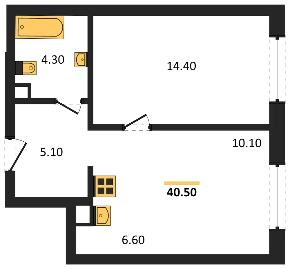 Планировка: 1-комн., 40,5 м²