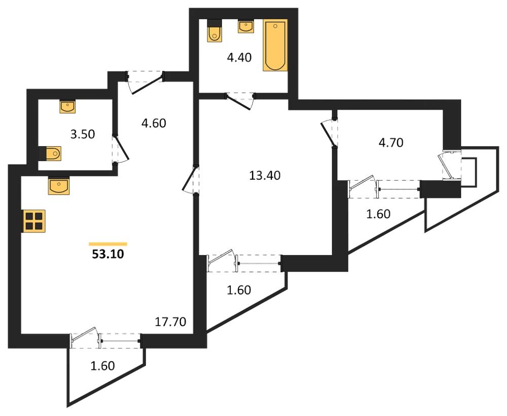 Планировка: 1-комн., 53,1 м²
