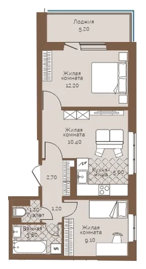 Планировка: 2-комн., 48,2 м²