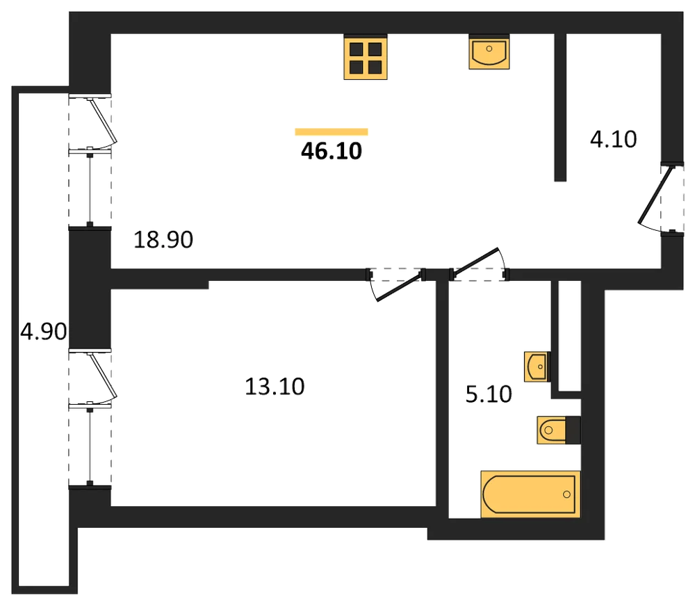 Планировка: 1-комн., 42,7 м²