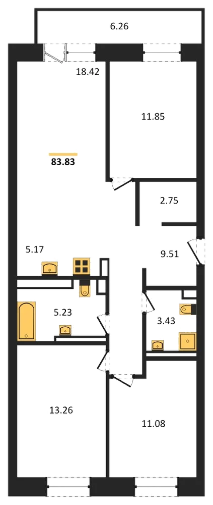 Планировка: 3-комн., 83,8 м²