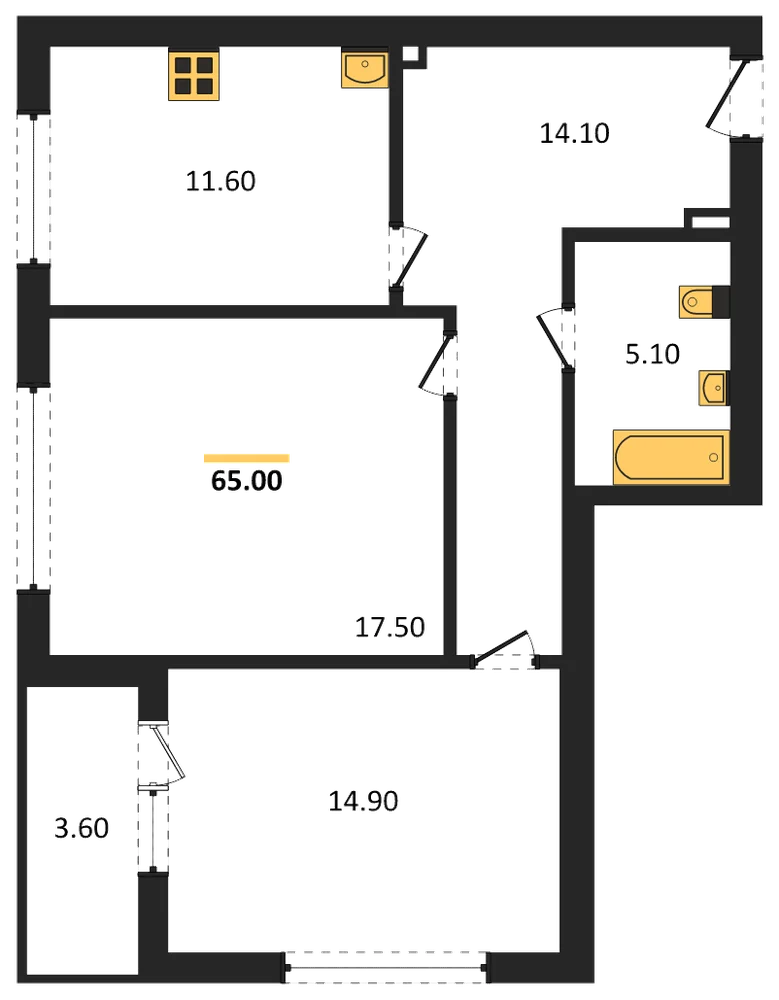 Планировка: 2-комн., 65,2 м²