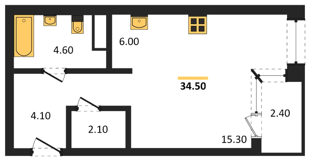 Планировка: Студия, 34,5 м²