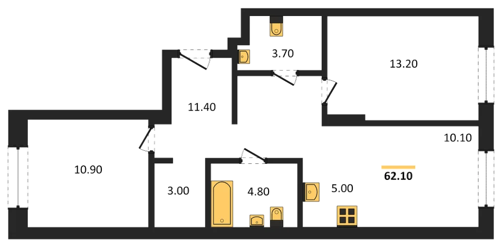 Планировка: 2-комн., 62,1 м²
