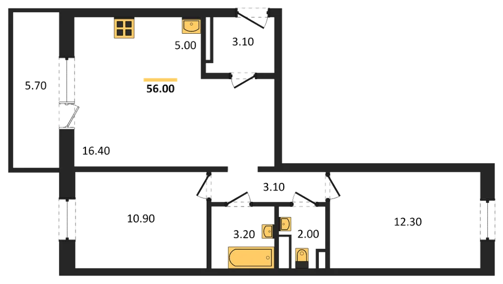 Планировка: 2-комн., 56,2 м²
