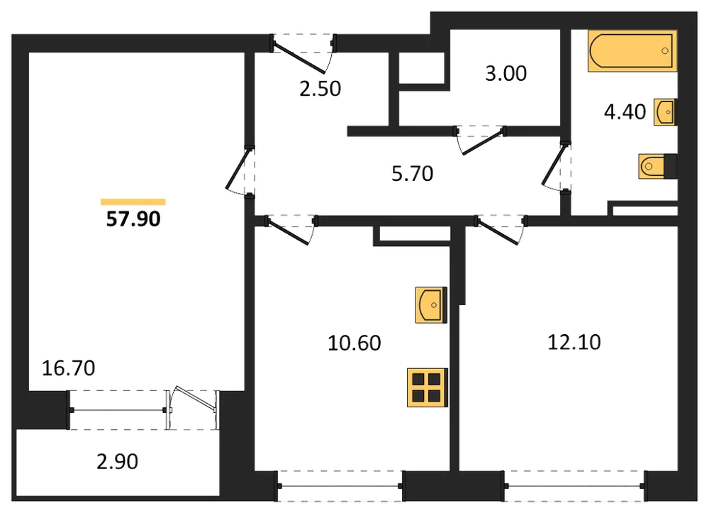 Планировка: 2-комн., 57,9 м²