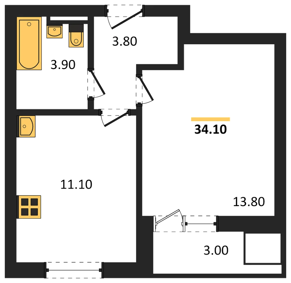 Планировка: 1-комн., 34,1 м²