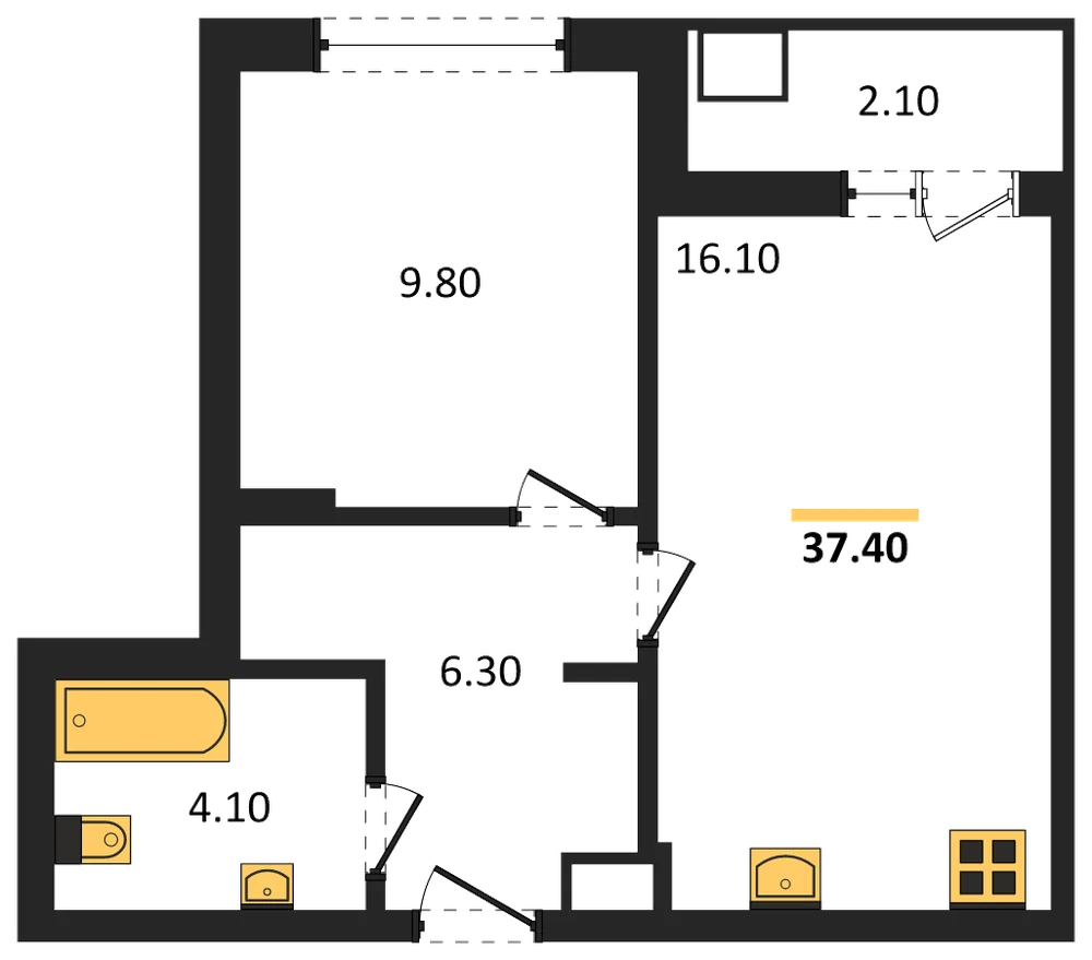 Планировка: 1-комн., 37,4 м²
