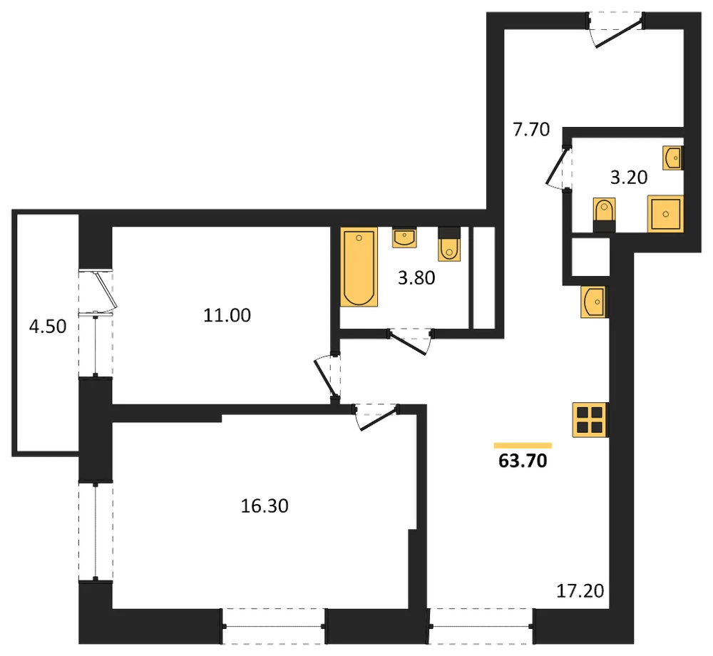 Планировка: 2-комн., 60,6 м²