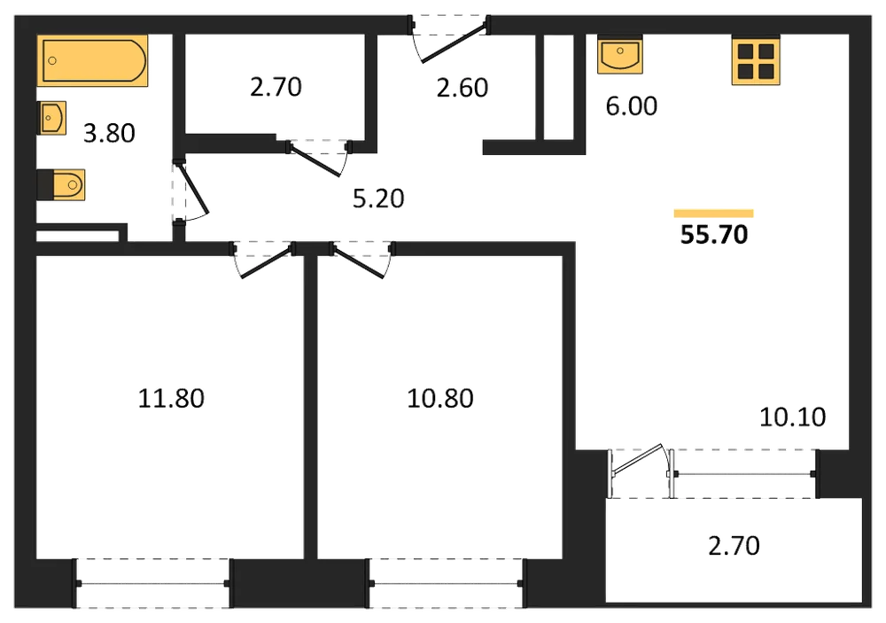 Планировка: 2-комн., 55,7 м²