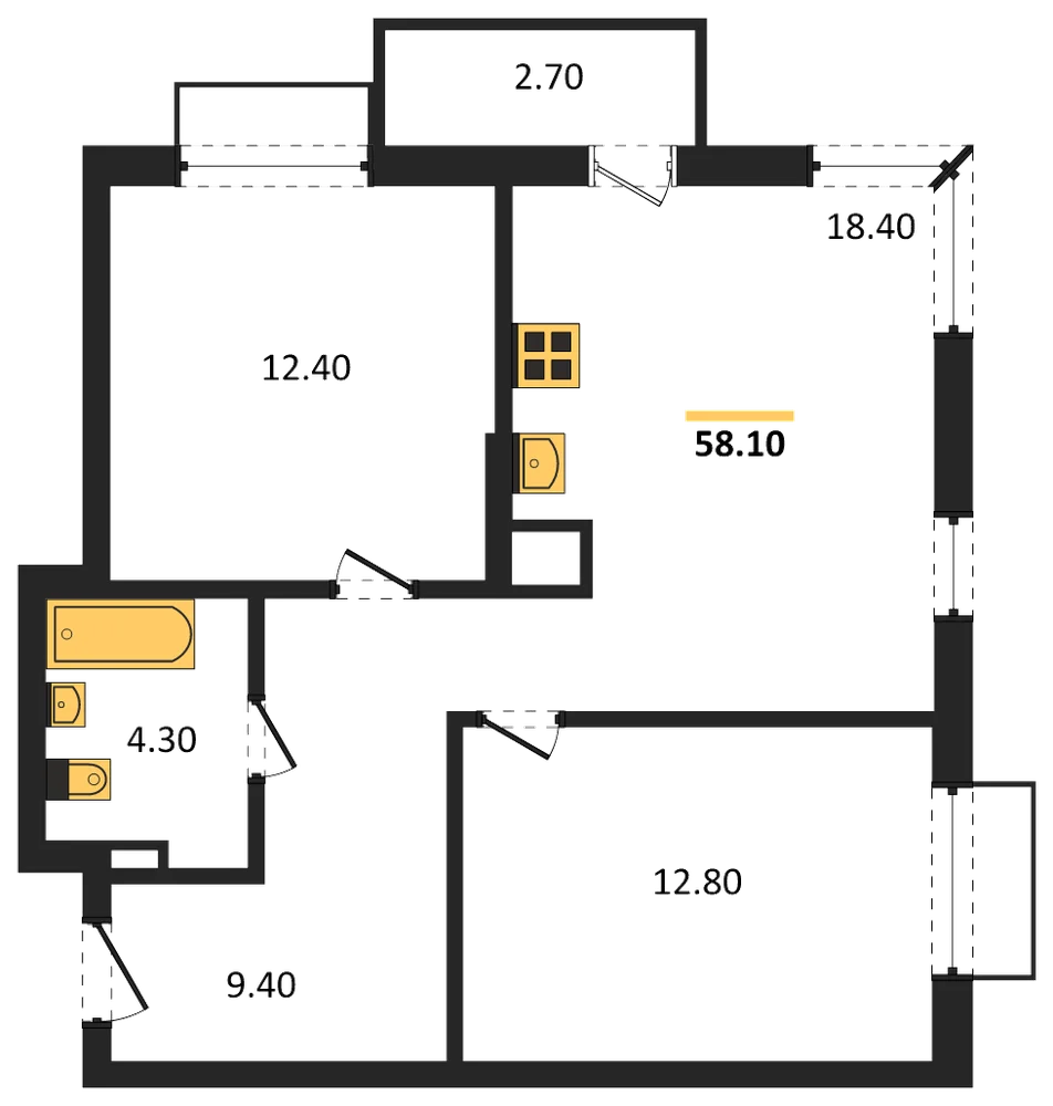 Планировка: 2-комн., 58,1 м²