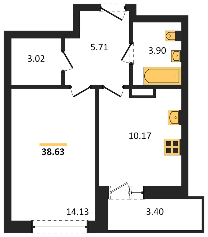 Планировка: 1-комн., 38,6 м²