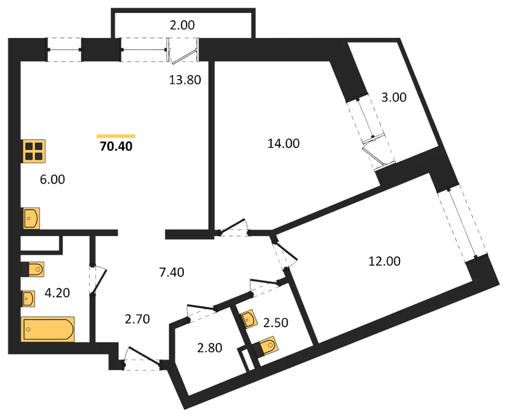 Планировка: 2-комн., 70,4 м²