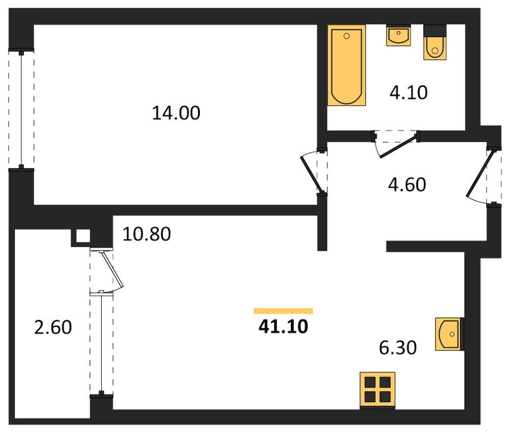 Планировка: 1-комн., 41,1 м²