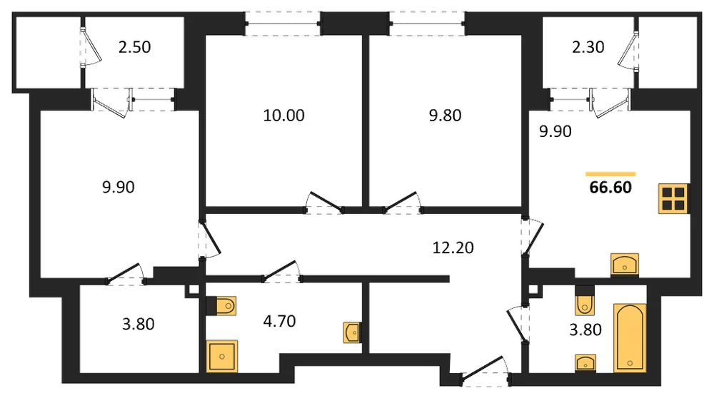 Планировка: 3-комн., 66,6 м²