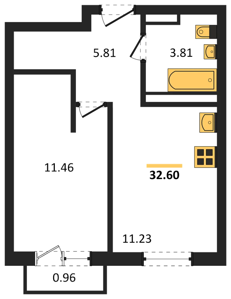 Планировка: 1-комн., 32,6 м²
