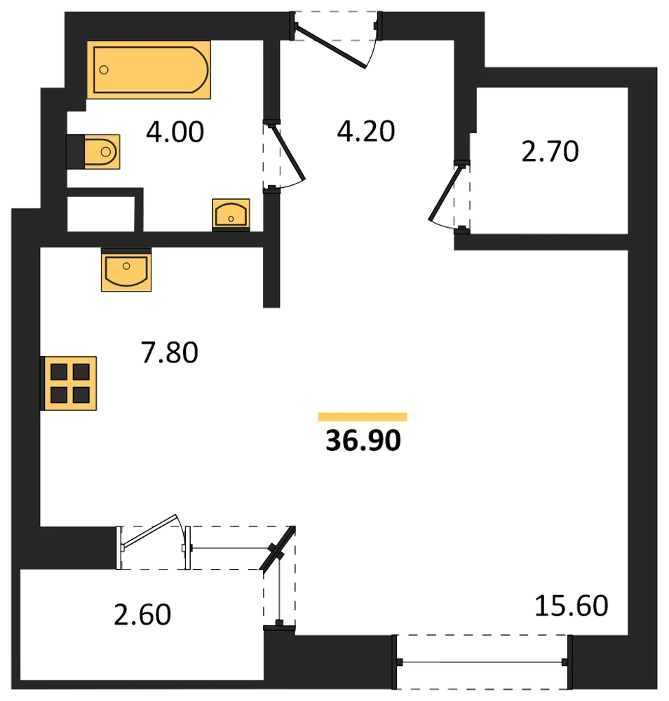 Планировка: Студия, 36,9 м²