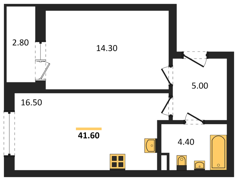Планировка: 1-комн., 41,6 м²