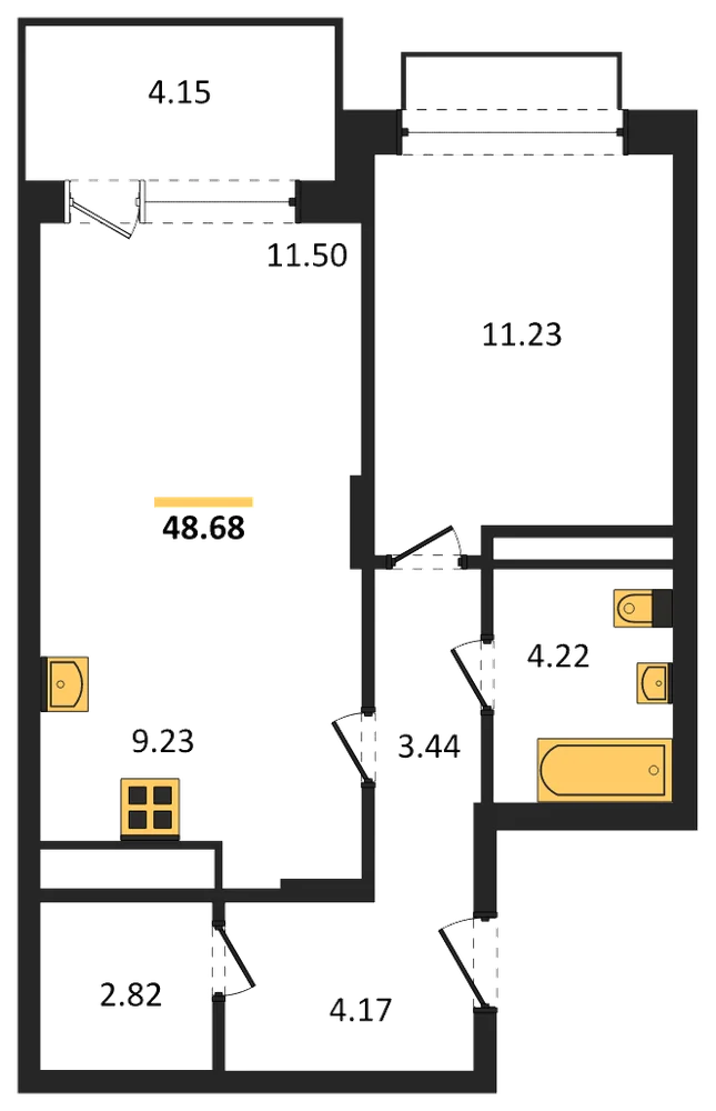 Планировка: 1-комн., 48,7 м²