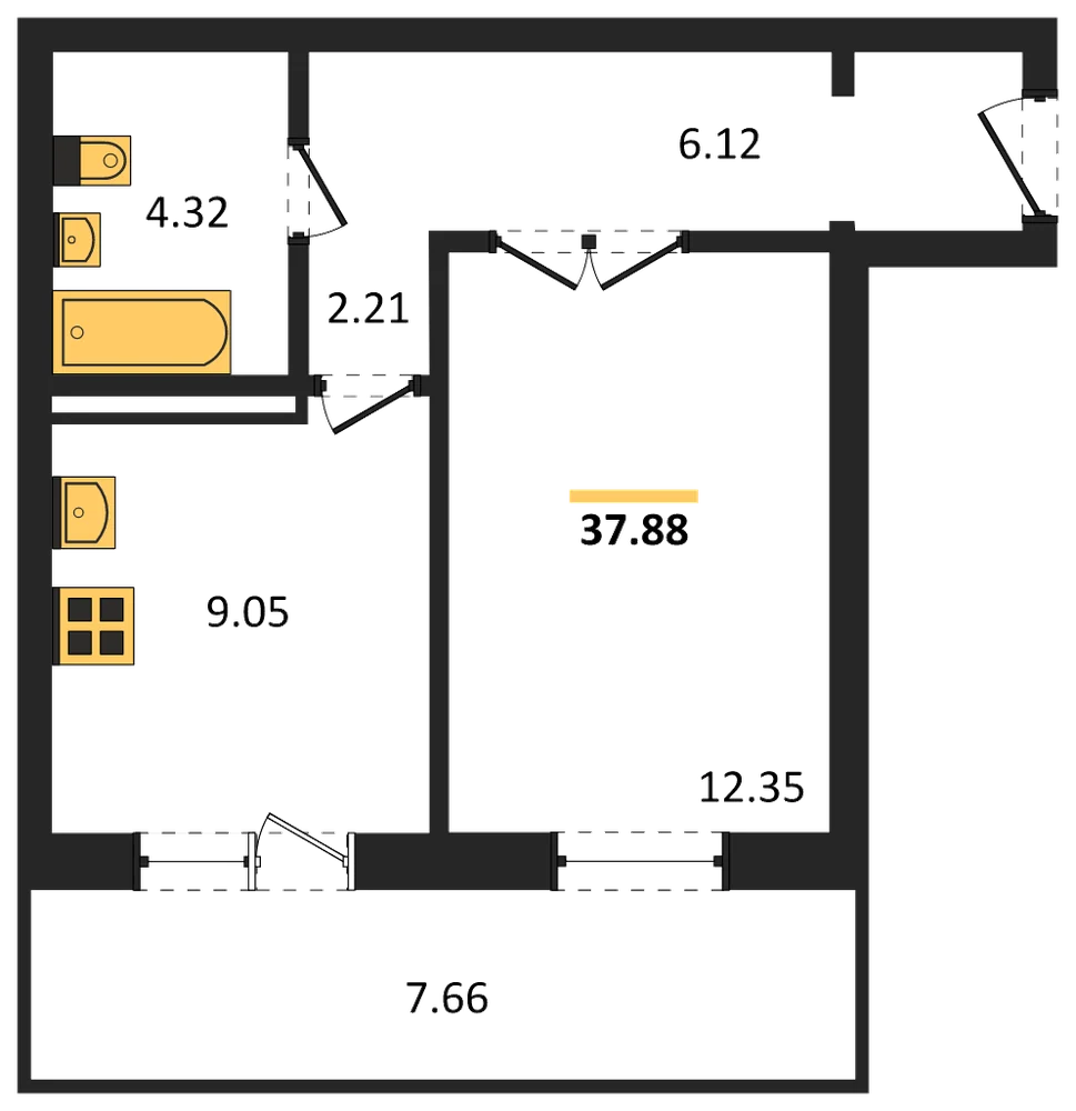 Планировка: 1-комн., 37,9 м²