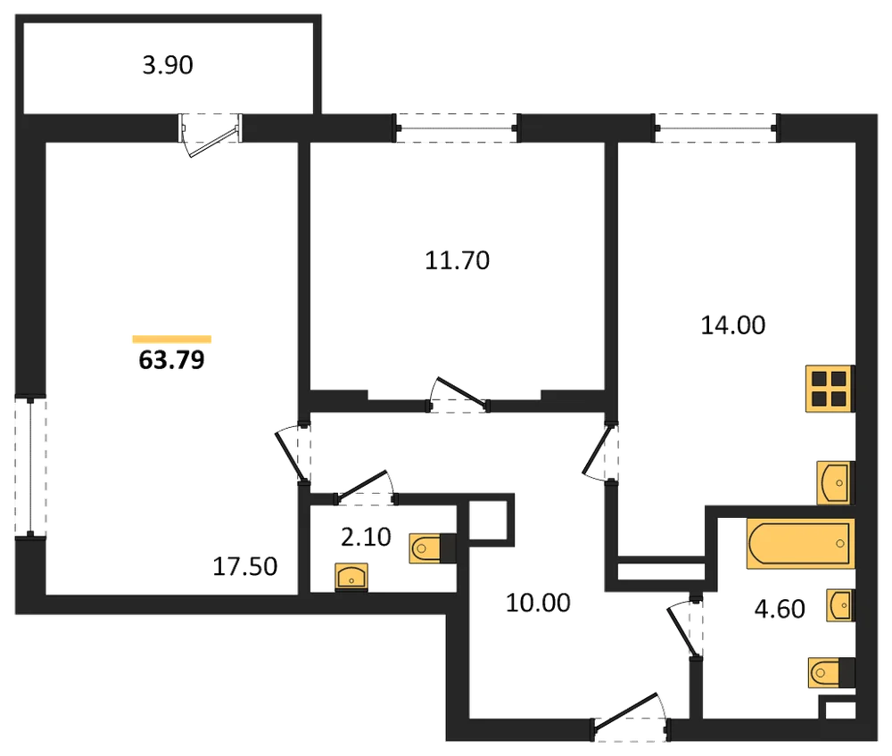 Планировка: 2-комн., 63,8 м²
